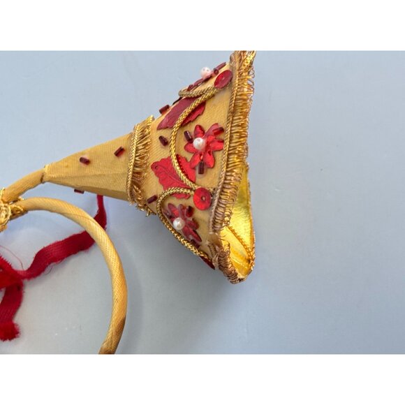 Handcrafted Decorative Gold & Red Horn Ornament With Embroidery & Pearl Accents - Picture 6 of 8